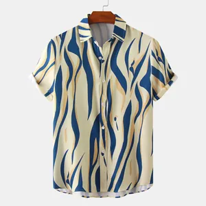 Front view of men's short-sleeve shirt with blue wavy pattern on light yellow base