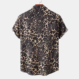Detailed back view of a men's short-sleeved casual shirt with stylish leopard print pattern