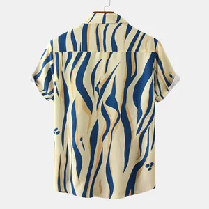 Back view of men's slim fit casual short sleeve shirt with blue abstract wave pattern