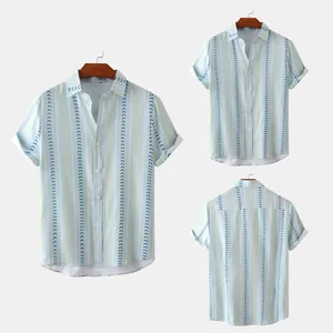 Multiple views showing the front and back of a light blue striped casual men's shirt