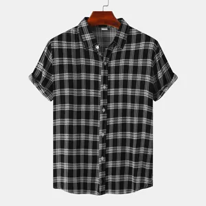 Classic black and white plaid men's short sleeve button down shirt on hanger