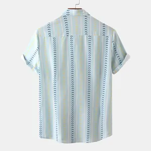 Back view showing the geometric pattern and vertical stripes of the light blue shirt
