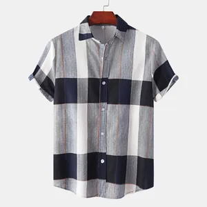 Men's casual short-sleeve plaid shirt with a classic black and white checkered pattern