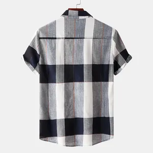 Back view of a men's short-sleeve casual plaid shirt with black and white checkered pattern