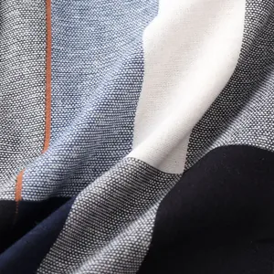 Close-up macro detail of blue and white striped woven fabric for ethnic casual shirt