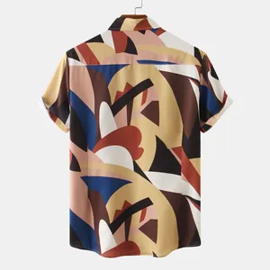 Back view of men's short-sleeved casual shirt with abstract geometric print pattern