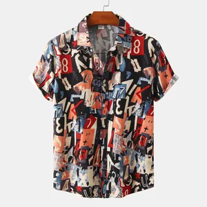 Casual men's short-sleeved shirt featuring abstract number and letter print pattern