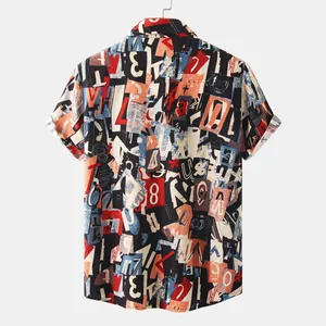 Men's casual short-sleeve shirt with vibrant abstract letter and number print