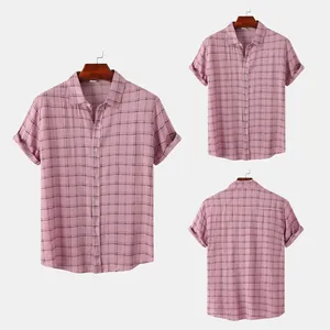 Men's mauve plaid short sleeve button down shirt shown in multiple angles views.