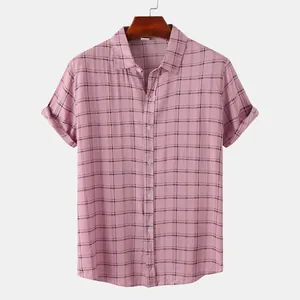Classic men's casual pink plaid short sleeve shirt with button-down front and collar.