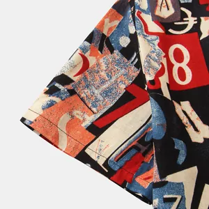 Close-up of vintage graphic print on men's short sleeve linen shirt sleeve