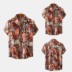 Detailed views of men's slim casual short sleeve shirt with a vintage graffiti print