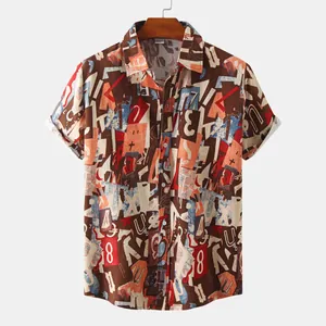 Detail view of men's casual short sleeve shirt with abstract letter and number print