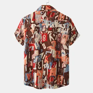 Men's casual short-sleeve shirt with vintage typography collage print in brown and red.