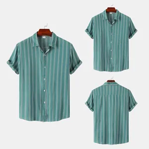 Detailed view of men's green striped short sleeve shirt with front and back display