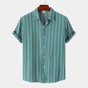 Men's vertical striped short sleeve shirt in teal green for summer casual wear