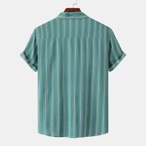 Close-up back view of a men's teal and white striped short-sleeve casual shirt.