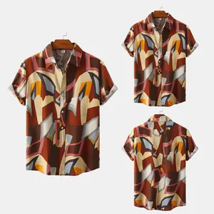 Multiple views of men's slim casual shirt with colorful abstract geometric pattern