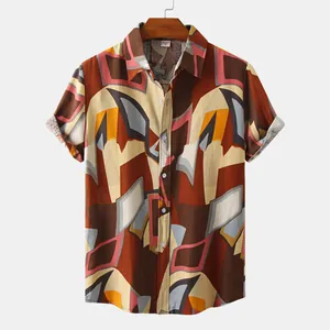 Front view of a men's short sleeve shirt with colorful abstract geometric print on a wood hanger