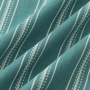 Close-up macro detail of teal and white striped fabric texture for men's slim fit shirt