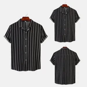 Detailed multi-angle view of men's black and white vertical striped slim fit short sleeve shirt