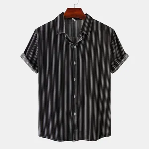 Close-up of men's short-sleeved slim fit black shirt with white vertical pinstripes