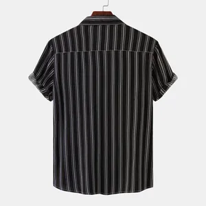 Back view of a men's black short-sleeved shirt featuring classic white vertical stripes