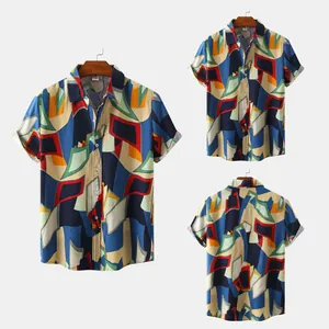 Stylish men's short-sleeve slim-fit casual shirt with vibrant geometric abstract print.