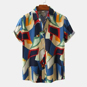 Vibrant abstract geometric print short-sleeved shirt for men with wooden hanger display.