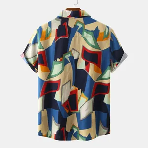 Detailed back view of men's casual short-sleeve shirt with vibrant abstract geometric print