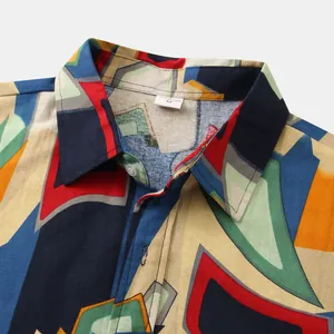Close-up detail of a men's casual shirt collar with vibrant abstract geometric print