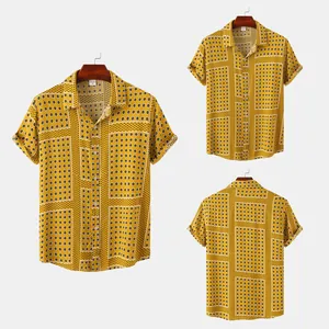 Detail of yellow geometric pattern men's short-sleeve shirt shown from multiple angles