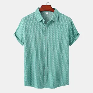 Chemise de plage pour homme à manches courtes à rayures vertes et col boutonné
