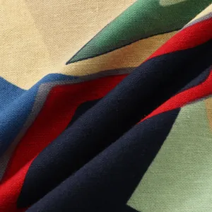 Close-up of the breathable cotton linen fabric texture and colorful geometric print