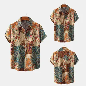 Detailed front and back views of men's slim fit floral print short sleeve casual shirt