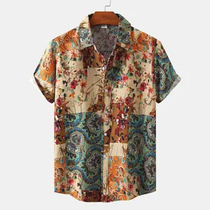 Detailed view of men's bohemian short-sleeve shirt with paisley floral print pattern