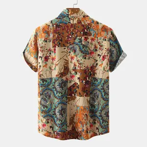 Back view of men's casual short sleeve shirt with vintage floral paisley patchwork