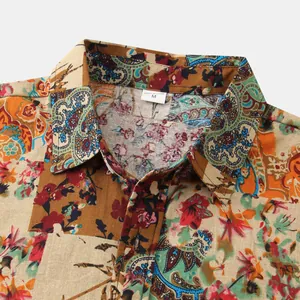 Close-up detail of vintage paisley print on men's cotton linen casual shirt collar