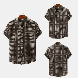 Detailed view of men's short-sleeve shirt with geometric pattern and front-back display
