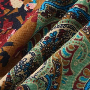 Close-up macro view of the ethnic paisley print fabric texture for a men's summer shirt