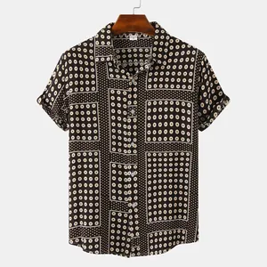 Detailed view of vintage geometric floral print short-sleeve men's button-up shirt