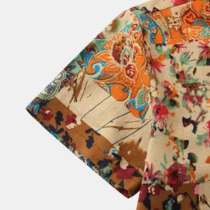 Macro view of floral pattern and breathable linen-like fabric on men's short sleeve shirt