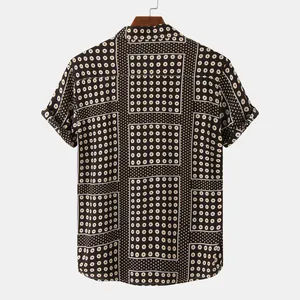 Back view of men's short sleeve shirt featuring a vintage geometric and floral pattern