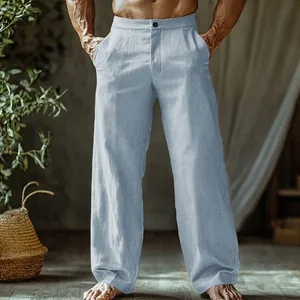 Men's Linen Summer Beach Pants Button Fly Straight Leg Solid Color Breathable Casual Long Trousers Straight Cut Pants