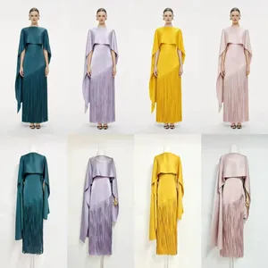 Elegant acetate fringe maxi dress with matching capelet shown in four colors on model