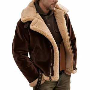 Giacca vintage da uomo in camoscio marrone con collo in finta pelliccia calda e spessa
