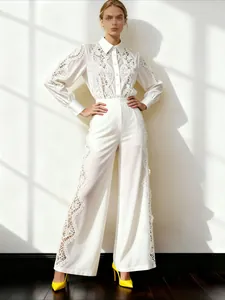 Women Elegant Polyester Lace Hollow Out Shirt And Wide Leg Pants Top And Bottom Set Solid Color Vacation Style Casual Outfit