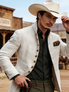 Detail of vintage tweed men's casual blazer with single-breasted design and high collar