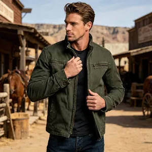 Detailed view of men's olive green military work jacket with stand collar and zipper pockets.