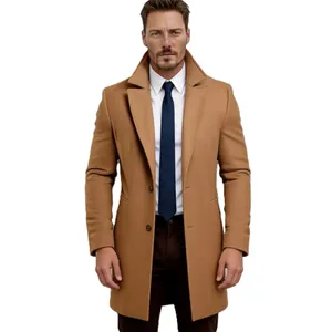 Classic tan wool coat for men, stylish mid-length design for winter business wear